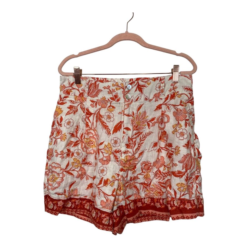 Rachel Zoe Women Linen Shorts Orange Floral Classic Cut Size L